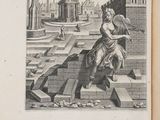un vieux livre sur lequel figure le dessin d'une femme assise au sommet d'un immeuble