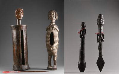 Plusieurs types de sculptures sont exposées sur un fond gris.