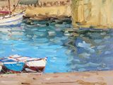 a painting of boats on the water by the shore