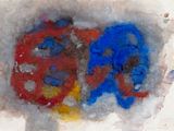 a painting of two red and blue gears on a piece of paper