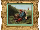 une peinture à l'huile représentant une femme assise dans un champ avec un panier