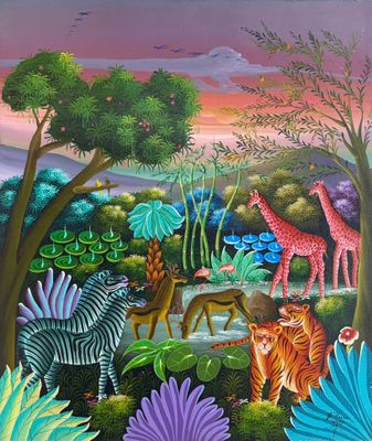 tableau représentant une scène de jungle avec des zèbres, des girafes et d'autres animaux