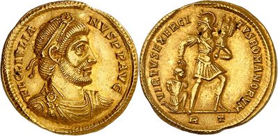 a gold coin with an image of a man holding a sword