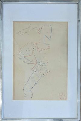 framed drawing of a man with a bird on his head