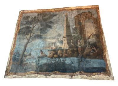 peinture sur le mur d'un immeuble, avec une rivière et un château en arrière-plan