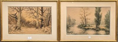three framed paintings of trees and a stream in a wooded area