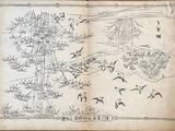 an old book with a drawing of birds flying over a tree