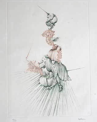 dessin représentant une femme en robe verte avec un oiseau sur la tête