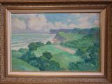 une peinture à l'huile représentant une vue sur l'océan depuis une colline
