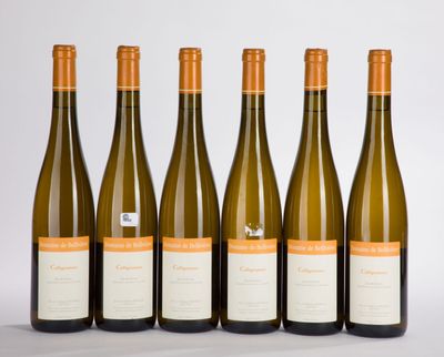 six bottles of wine are lined up in a row on a white surface