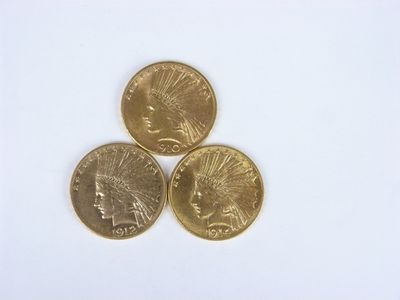 3 pièces de 10 dollars or "Tête d'indien", 1910, 1912 et 1914 - Photo 1