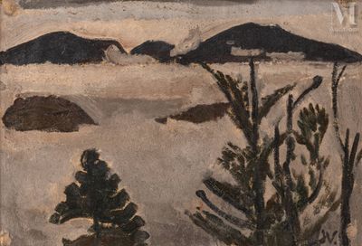une peinture d'un paysage avec des arbres et des montagnes en arrière-plan
