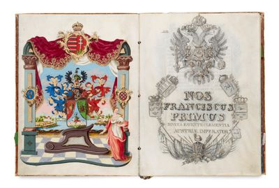 an open book with a drawing of a coat of arms and a coat of arms on it
