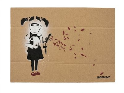 a painting of a girl blowing leaves out of her mouth