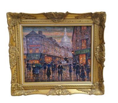 tableau représentant une scène de rue en ville avec des passants marchant sous la pluie