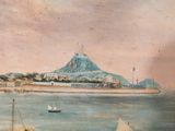 a painting of a view of a city from the water