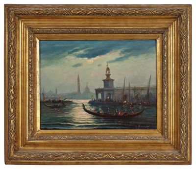une peinture à l'huile représentant des bateaux dans un port, avec un phare en arrière-plan
