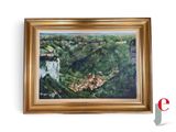 an oil painting of a view of a town in the mountains