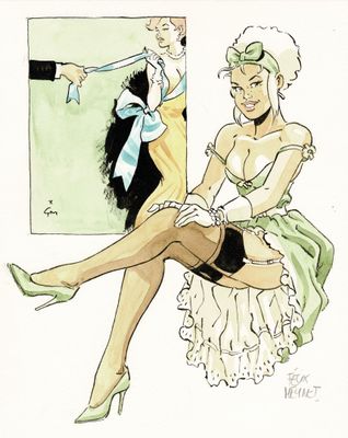 dessin représentant une femme assise sur une chaise, avec un homme en arrière-plan