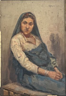 painting of a woman in a blue dress sitting on a ledge