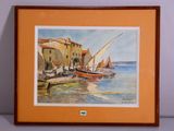 aquarelle encadrée représentant des bateaux dans un port, avec des bâtiments en arrière-plan