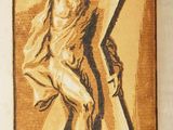 an old book with a drawing of a man carrying a cross