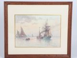 painting of a sailboat in the water with other boats in the background