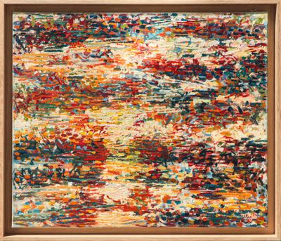a painting of a red, yellow, and blue abstract painting