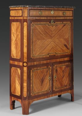 an antique wooden cabinet with two drawers and a marble top