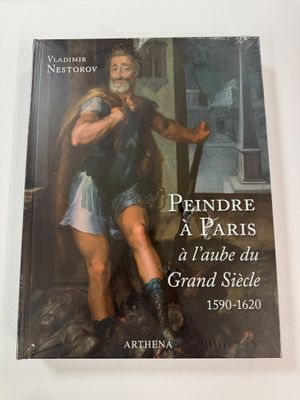 the cover of a book with a painting of a man holding a dog