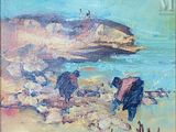 tableau représentant deux vaches sur une plage rocheuse près de l'océan