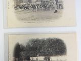 two old black and white photos of people and animals in a field