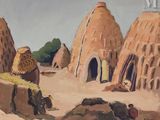a painting of a man standing in front of a village