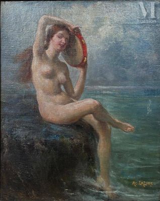une peinture à l'huile représentant une femme nue assise sur un rocher dans l'eau