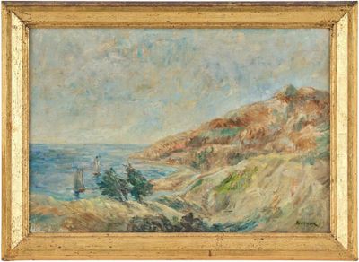 une image représentant un tableau représentant un paysage avec un bateau sur l'eau