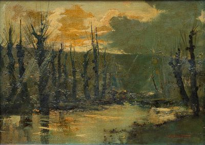 peinture représentant une rivière avec des arbres au premier plan