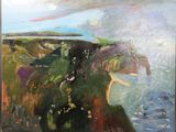 an oil painting of a cliff overlooking a body of water
