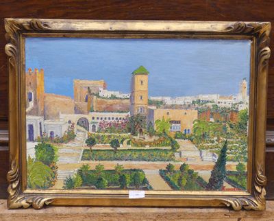 an oil painting of a view of a garden with a clock tower in the background