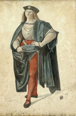 tableau représentant un homme vêtu d'un pantalon rouge et d'une cape bleue