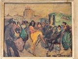 an oil painting of a crowd of people sitting around a bus