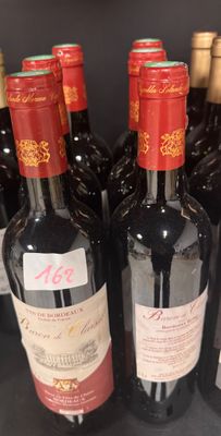 several bottles of wine are lined up on a shelf