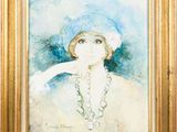 tableau représentant une femme portant un chapeau bleu, des perles et un collier de perles