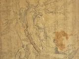 a drawing of a man and a dog in a wooded area