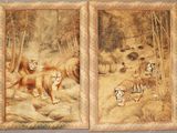 two paintings of a tiger and a tiger cub in a wooded area