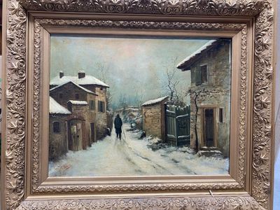 Jean BAIN. Homme dans une ruelle enneigée.