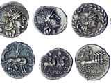 six different types of ancient coins are shown on a white background