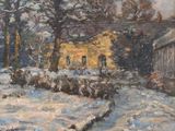 une peinture à l'huile représentant une maison jaune dans un paysage enneigé