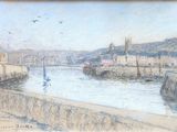 dessin représentant une vue sur une rivière avec un bateau au premier plan