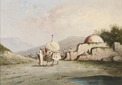 un tableau représentant un groupe de personnes marchant sur un chemin de terre