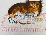 a drawing of a cat that is laying down on a rug